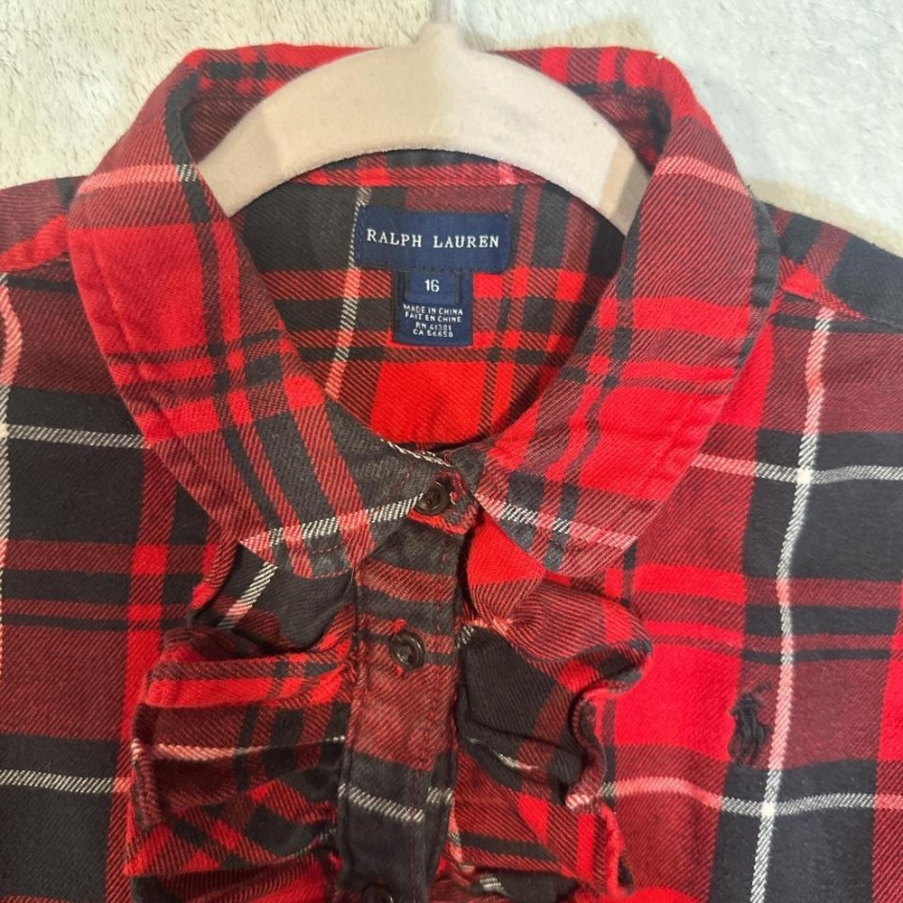 Ralph Lauren Red tartan plaid button up girls dress 16/ women's top S / XS - Picture 3 of 8